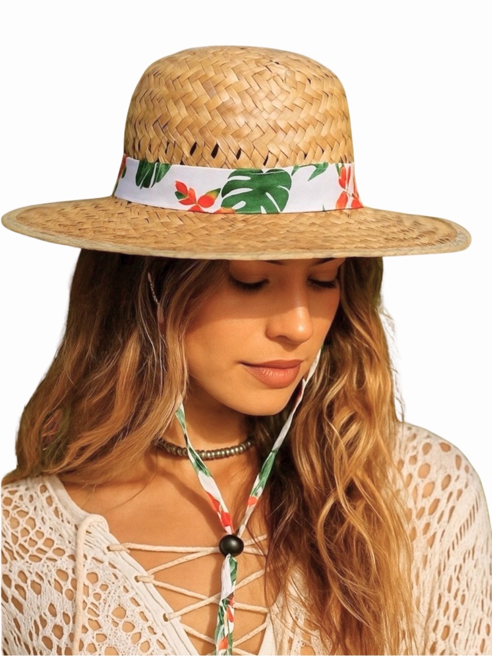 Straw Sun Hat Goldcoast Sunwear Tropical Floral Palm Leaf Band Tan White Green